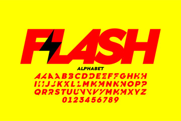 Flash. Lightning Bolt Style Font Design: Alphabet Letters and Numbers Vector Illustration