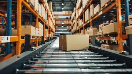 Obraz premium A conveyor belt transporting packages in a modern warehouse, with neatly organized shelves and machinery, Industrial setting with clear logistics operations