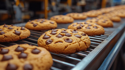 Freshly baked cookies with chocolate cooling on a wire rack