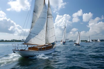 Fototapeta premium Sailing Adventure: A Fleet of Yachts Gliding Through Sparkling Waters Under a Bright Sky