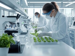 Scientists in lab coats work with plants in a modern lab, focusing on research and experimentation under bright, sterile conditions.