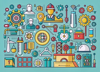 Naklejka premium Engineering and Manufacturing Line Icons Collection for UI Design in Flat Style