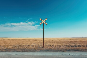 Railroad Crossing Sign in a Dry Field with Blue Sky