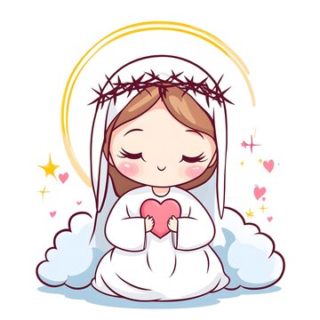 recommend clip art: Cute Cartoon Virgin Mary Holding Heart Illustration   Religious Art