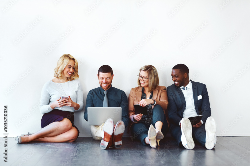 Aufkleber networking, smile and technology with business people in studio for email, contact and team. plannin