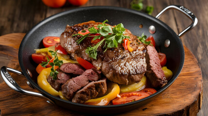 A dish of Qalaya, featuring saut&eacute;ed meat and vegetables served sizzling in a pan. The tender, juicy meat is complemented by colorful tomatoes and peppers, topped with fresh herbs for contrast.






