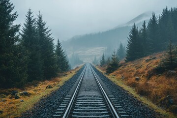 Foggy Forest Railroad Tracks Leading Through a Mountain Pass