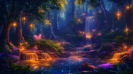 Mystical forest with glowing trees enchanted creatures and shimmering waterfalls