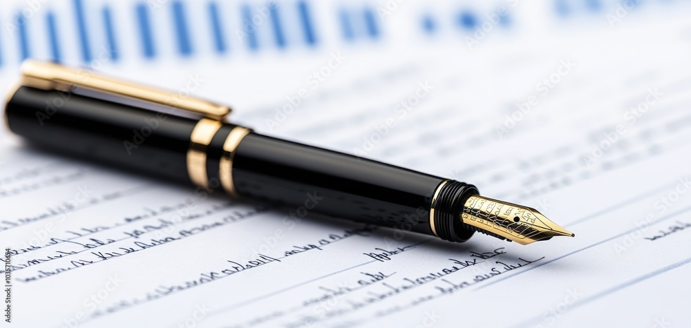 Poster elegant pen resting on document with graphs and data; ideal for business and financial themes.