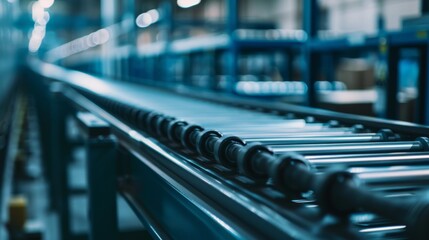 A conveyor belt's rollers in a manufacturing plant, industrial setting with mechanical parts, Abstract style