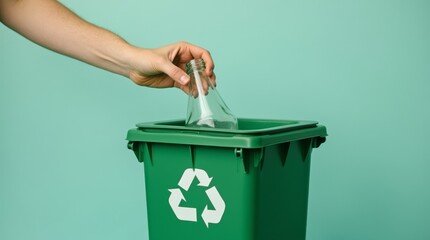 Hand placing a glass bottle into a green recycling bin, promoting eco-friendly waste disposal and recycling habits