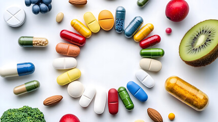 Colorful Vitamins and Supplements Arranged in a Circle with Fruits and Nuts