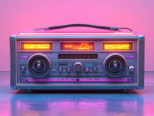 retro antilo radio illustration styled after the 80s and 90s, featuring pastel colors and neon lighting effects, capturing the nostalgic essence of music and culture
