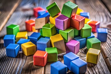 Obraz premium Falling Baby Toy Blocks on Vintage Wood Board - Slow Motion Capture for Stunning Landscape Photography