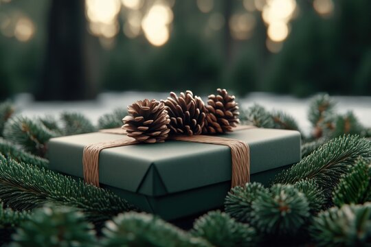 Christmas Gift Under the Tree, Wrapped in Green Paper with Pine Cones, Anticipation for the Holiday Celebration, Excitement for the Gift