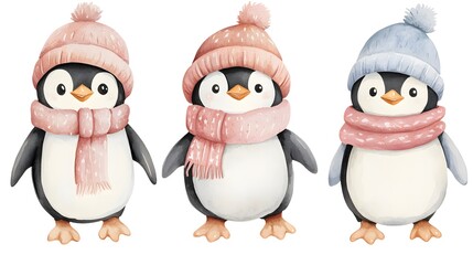 Naklejka premium Cute Watercolor Penguin Friends in Winter Hats and Scarves