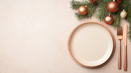 beautifully arranged Christmas dinner table set with neutral plate, rose gold utensils, and festive decorations including pine branches and ornaments. This setting evokes warm and inviting holiday