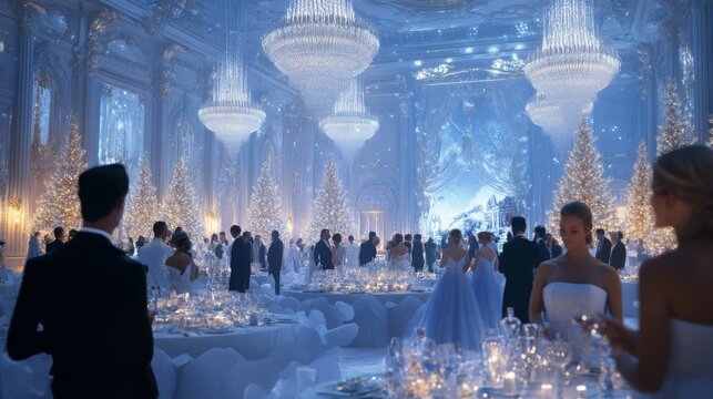 Elegant holiday ballroom with chandeliers and people celebrating festive winter evening, perfect for luxury event marketing and holiday promotions