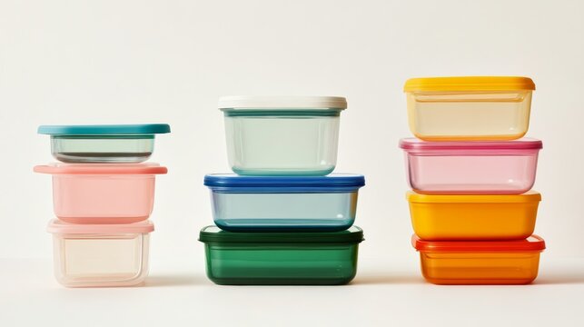 Colorful food storage containers stacked neatly on white background, ideal for kitchen organization and food storage product advertising