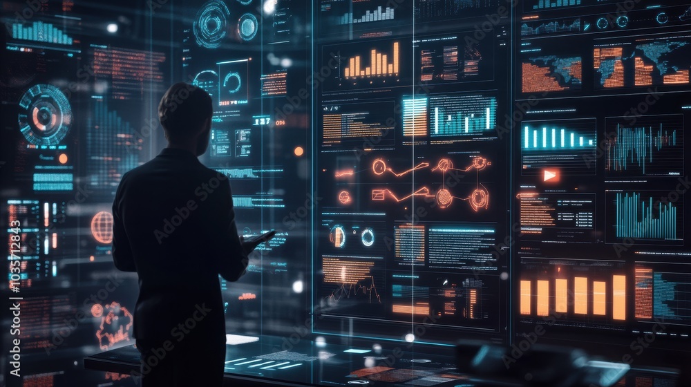 Poster resumes being evaluated by metrics, with floating graphs and charts representing qualifications and 