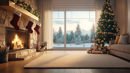 cozy fireplace adorned with festive stockings creates warm atmosphere in winter living room. beautifully decorated Christmas tree and snow covered landscape outside enhance holiday spirit