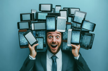 Businessman excitedly and busy with digital devices with screens surrounding his head, symbolizing the overload of information and job