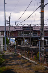 The train station in Arashiyamn, Kyoto, Japan with cloudy sky, Japan Transportation system. Travel concept.