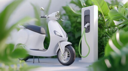 Eco-friendly electric scooter charging outdoors with lush green plants, perfect for green technology and environmental sustainability promotions