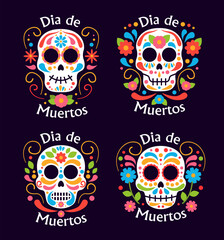 Dia de muertos set. Traditional mexican holiday and festival. Skulls with colorful flowers. Day of Dead. Poster or banner. Flat vector collection