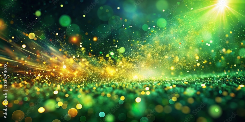 Poster fast energy flow particles with bokeh effect on green background for dynamic visuals