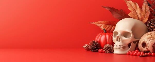 Halloween themed composition with skulls, pumpkins, and autumn leaves on a vibrant red background.