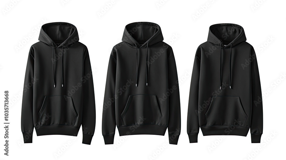 Aufkleber set of three black hoodies displayed on a transparent background generative ai