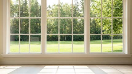 The open window reveals a serene green meadow under a clear blue sky. A bright and inviting atmosphere fills the space, highlighting the natural beauty outside
