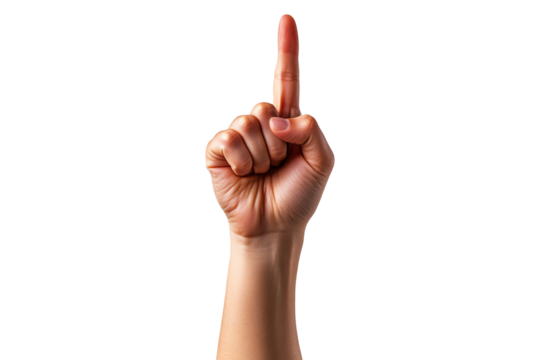 A hand showing the index finger raised, symbolizing importance or a reminder on isolated white background.