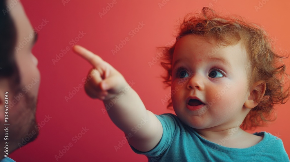 Poster toddler pointing at something while communicating with a parent on a solid colored background