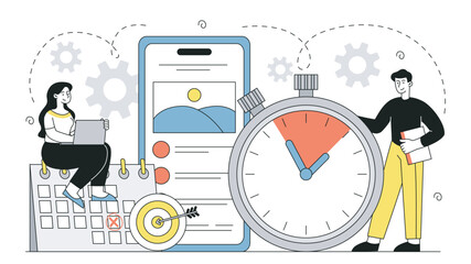 People with digital detox. Man and woman near calendar and list of goals. Organization of effective work and educational process. Reducing time of using gadgets and devices. Linear vector illustration