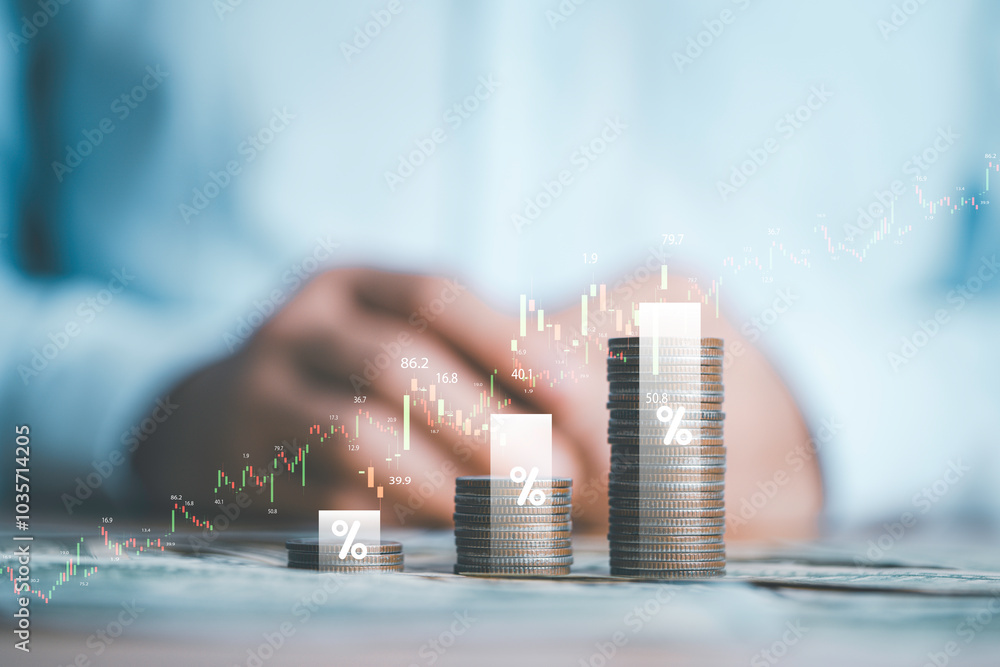Poster increasing coins stacking in front of businessman with stock market graph chart for money saving and