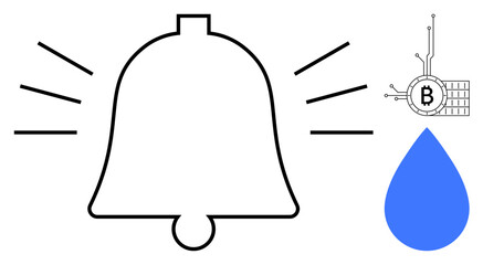 A bell ringing symbol, Bitcoin digital currency logo with technological elements, and blue water drop. Ideal for tech alerts, cryptocurrency notifications, environmental awareness, minimalistic