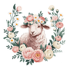 A lamb with a floral crown on its head. The lamb is surrounded by an intricate wreath made of various flowers, including roses, daisies, and
other blossoms