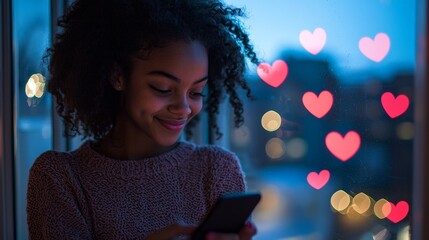 A teenage girl sitting on her bed, smiling brightly as she looks at her phone, with glowing heart icons floating around her, creating a cheerful and playful atmosphere.