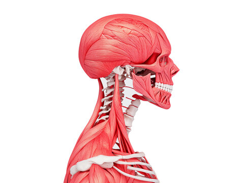 Detailed human anatomy illustration showcasing muscles and skeleton in profile view. on isolated white background.