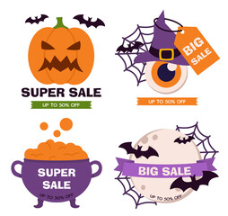 Halloween discounts set. Pumpkin with bats, witchhat with eye, cauldron of potion and bats near moon. Sales and promotions. Commerce and marketing. Flat vector collection
