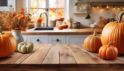 A cozy autumn kitchen with a wooden table adorned with pumpkins and seasonal decorations. Generative AI