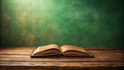 A vintage book lies open on a worn wooden table with a textured green backdrop, ready to unveil a story waiting to be discovered.