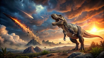 Fierce Tyrannosaurus Rex Roars as Meteor Approaches - Vintage Dinosaur Extinction Scene