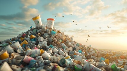 A pile of discarded plastic cups and waste in a landfill site under a dramatic sunset sky, highlighting environmental pollution and plastic waste