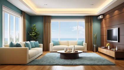 Fototapeta premium Home luxury drawing room lighting and indoor plants image.