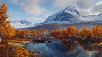 Fototapeta premium Autumnal Landscape with Snowy Mountain Peak