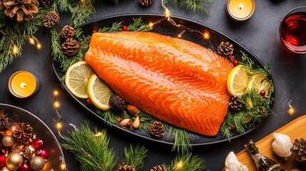 A gourmet holiday presentation of a large salmon fillet with lemon slices and festive decorations, served on a black platter