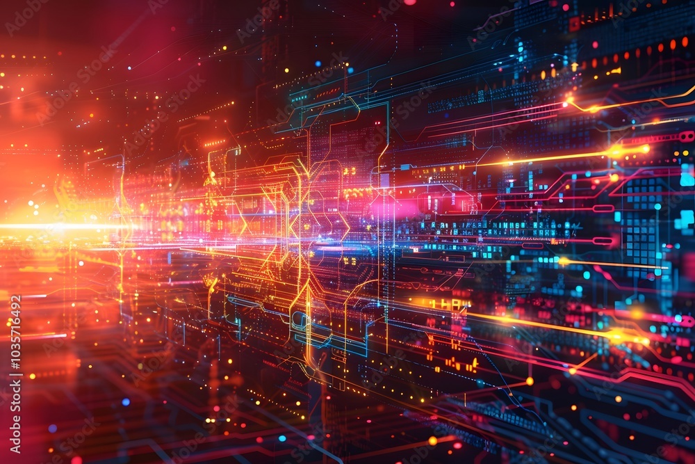 Poster futuristic digital landscape with vibrant circuit patterns and light trails